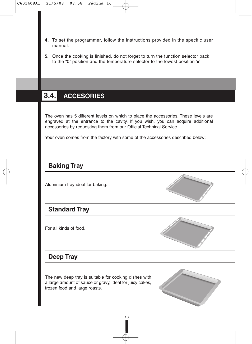 Accesories, Baking tray standard tray deep tray | Fagor America 5HA-200 LX User Manual | Page 16 / 122