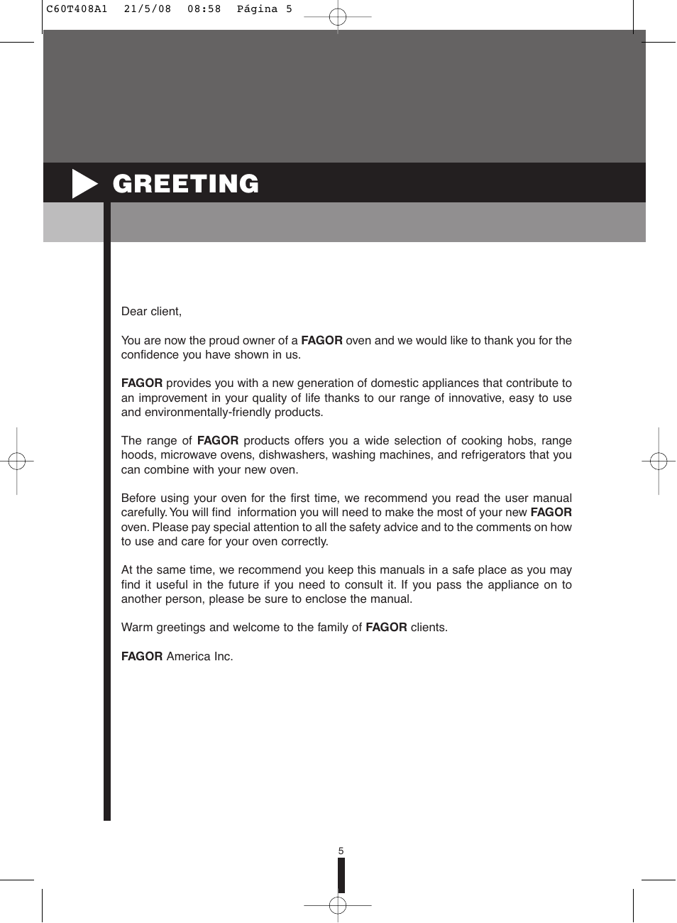 Greeting | Fagor America 5HA-200 LX User Manual | Page 5 / 122