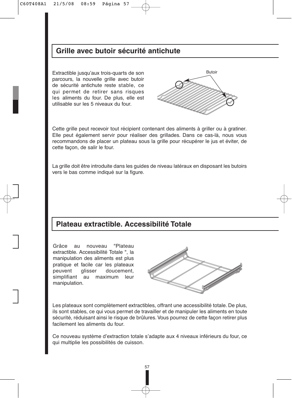 Grille avec butoir sécurité antichute, Plateau extractible. accessibilité totale | Fagor America 5HA-200 LX User Manual | Page 57 / 122