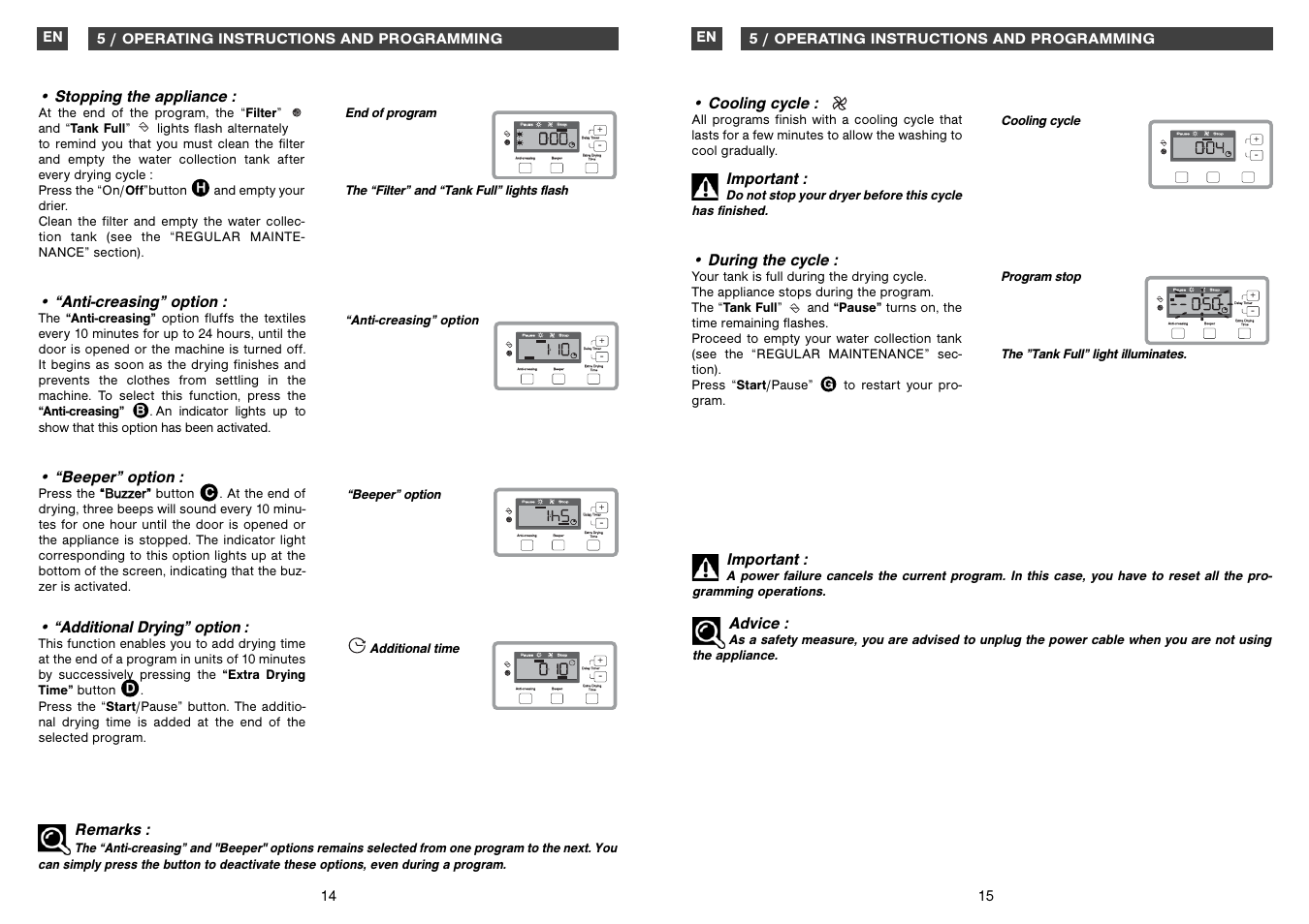 Cooling cycle, Important, During the cycle | Advice, Remarks, Stopping the appliance, Anti-creasing” option, Beeper” option, Additional drying” option, 15 en 14 en | Fagor America SFA-8CELX User Manual | Page 8 / 12