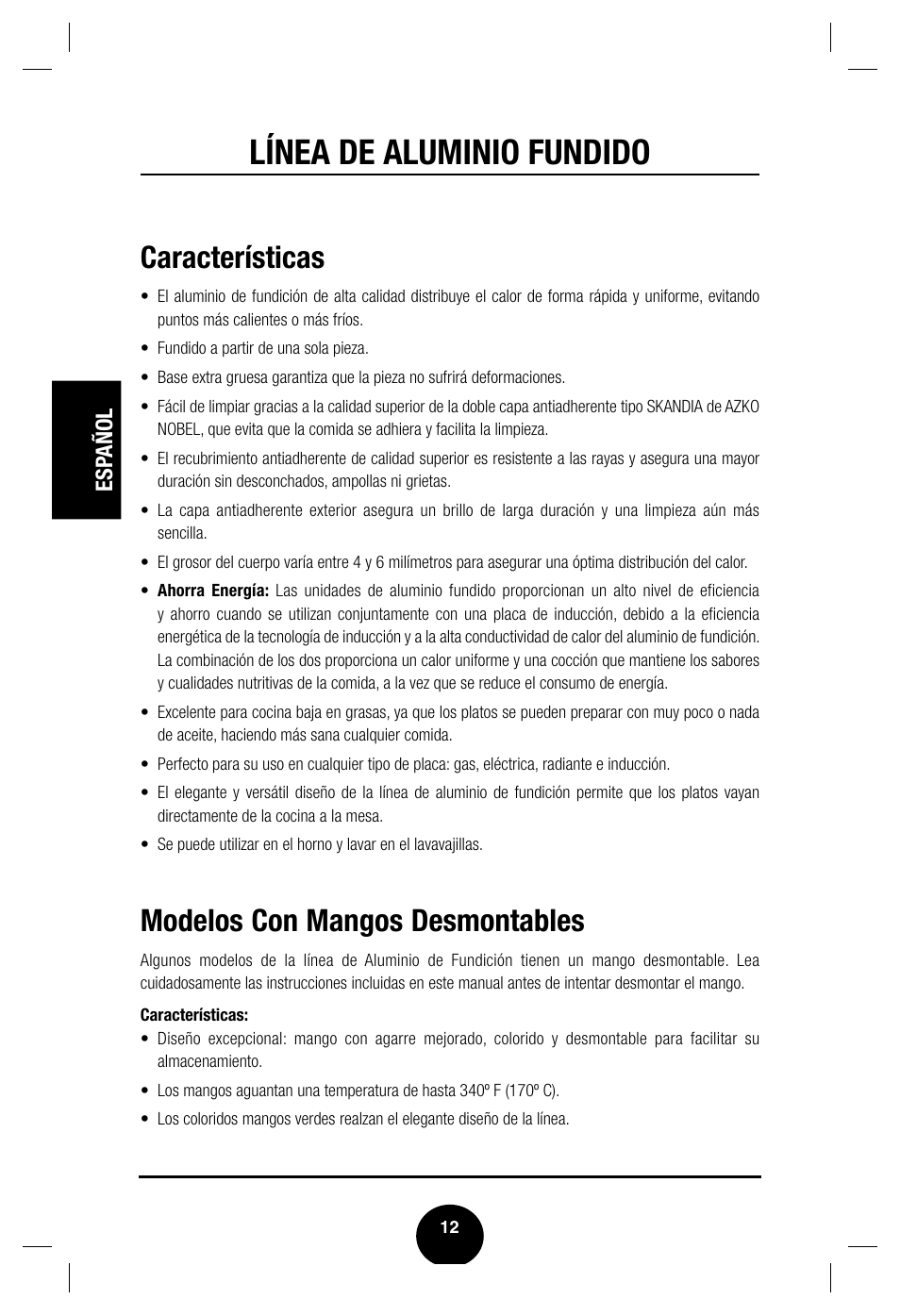 Línea de aluminio fundido, Características, Modelos con mangos desmontables | Esp añol | Fagor America Cast Aluminum Cookware User Manual | Page 14 / 22