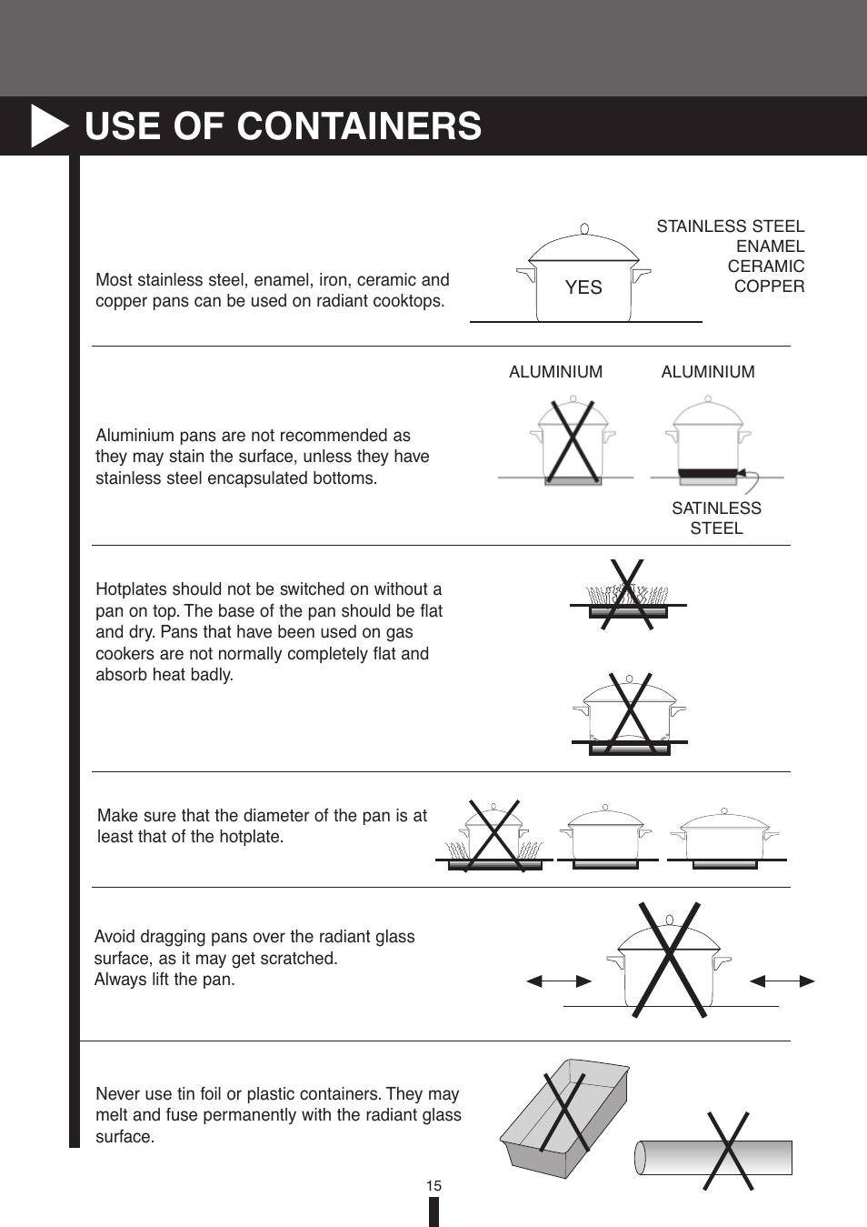 Use of containers | Fagor America VFA-78 S User Manual | Page 15 / 52