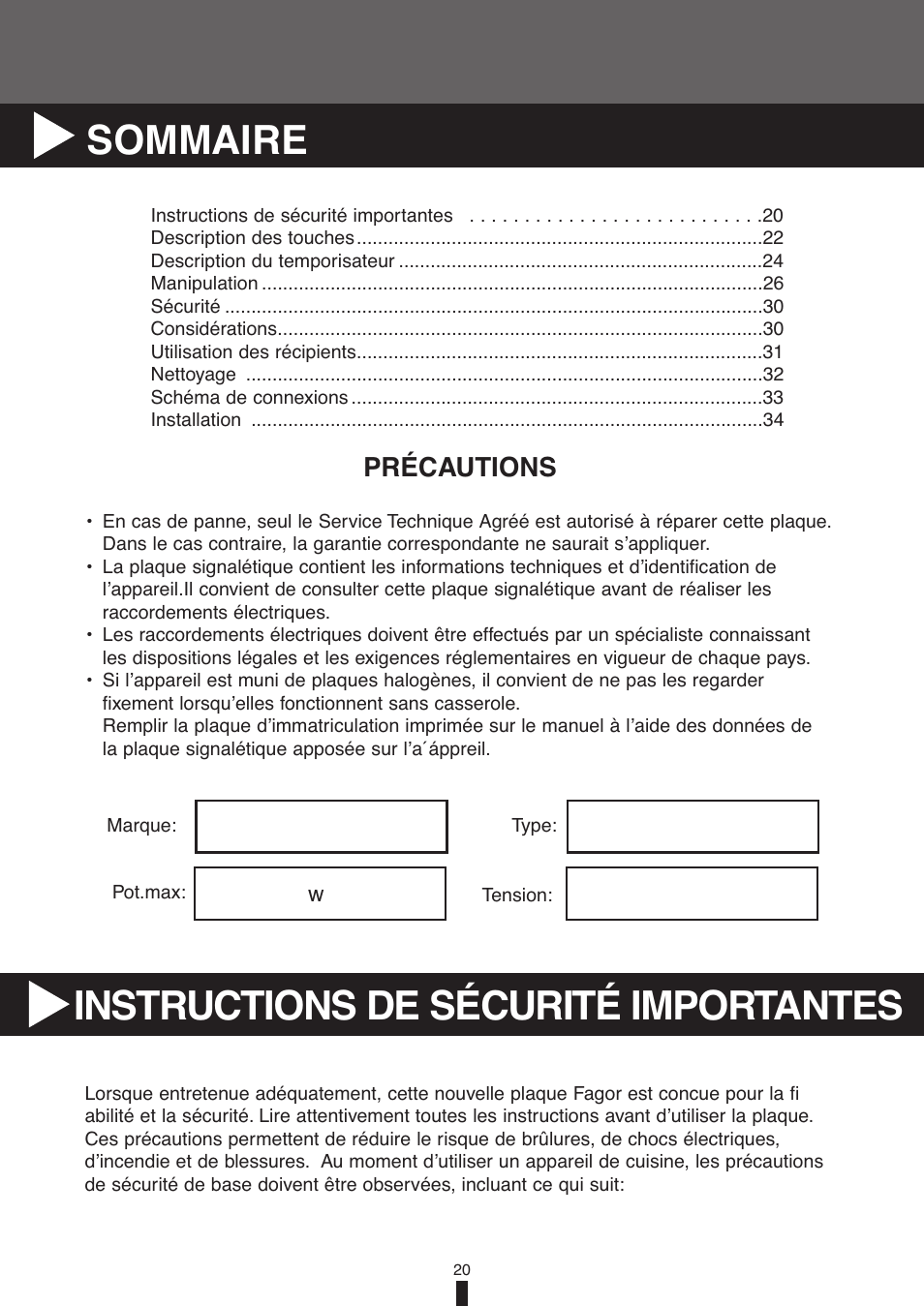 Sommaire instructions de sécurité importantes, Précautions | Fagor America VFA-78 S User Manual | Page 20 / 52
