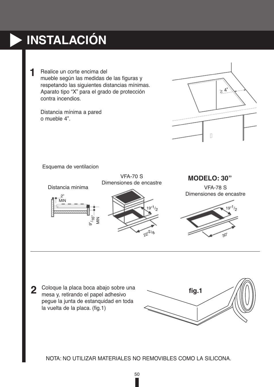 Instalación, Modelo: 30” fig.1 | Fagor America VFA-78 S User Manual | Page 50 / 52