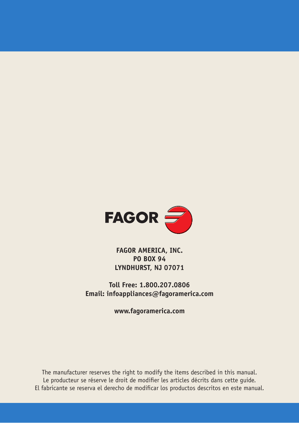 Fagor America VFA-78 S User Manual | Page 52 / 52