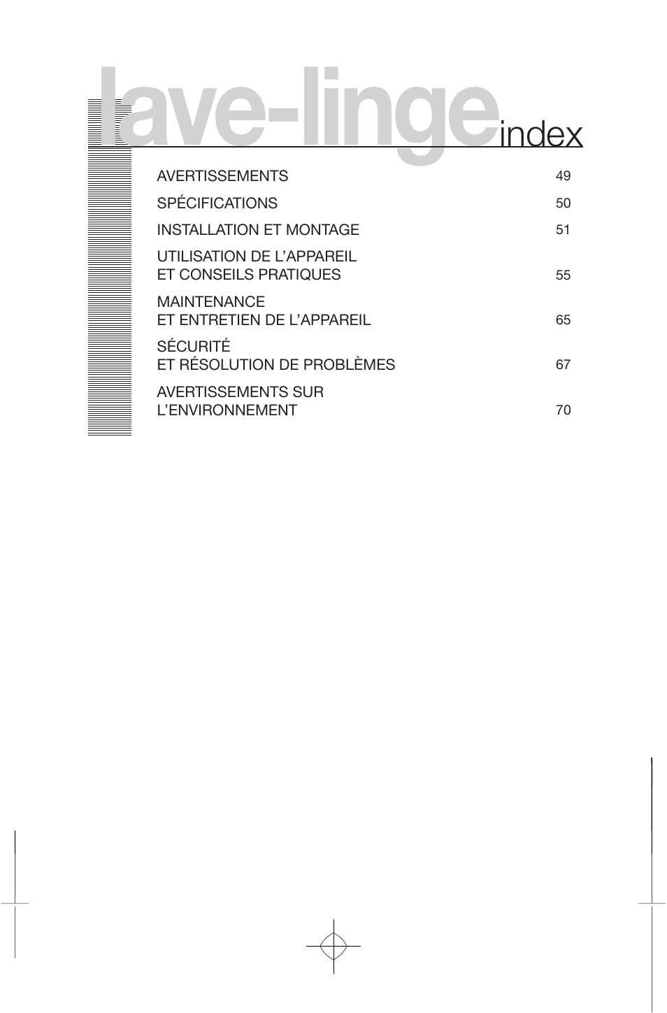 Lave-linge, Index | Fagor America FAS 3612 User Manual | Page 3 / 72