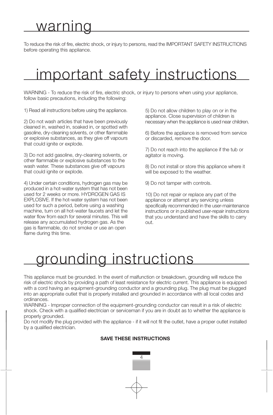 Warning, Important safety instructions, Grounding instructions | Fagor America FAS 3612 User Manual | Page 4 / 72