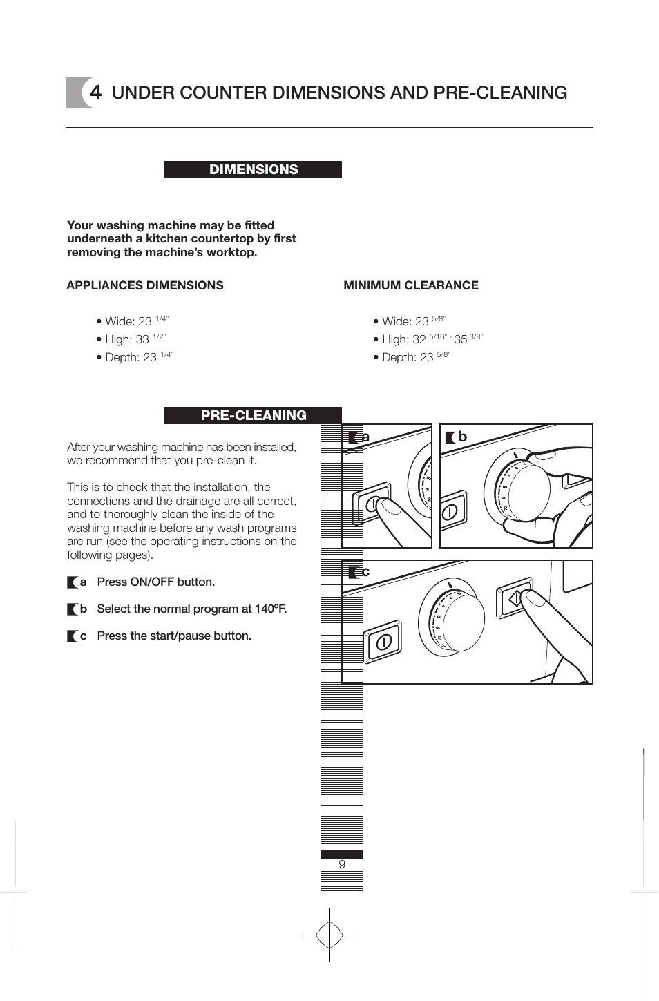 Under counter dimensions and pre-cleaning, Ac b | Fagor America FAS 3612 User Manual | Page 9 / 72