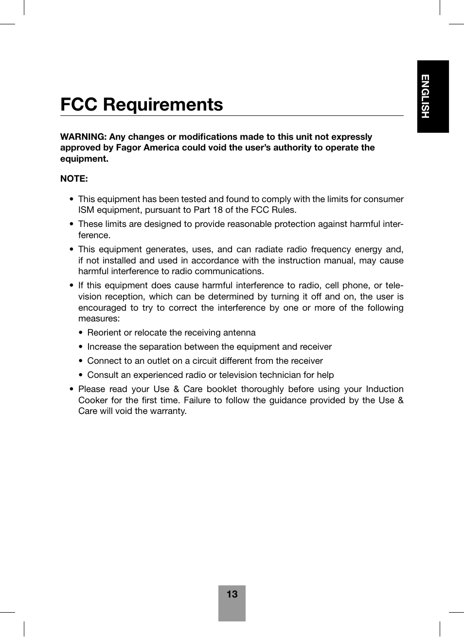 Fcc requirements | Fagor America Portable Induction Cooktop User Manual | Page 15 / 32