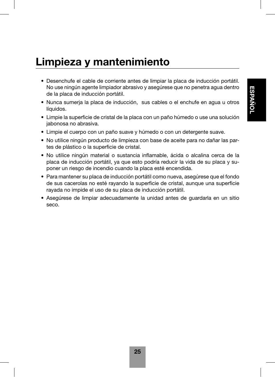 Limpieza y mantenimiento | Fagor America Portable Induction Cooktop User Manual | Page 27 / 32