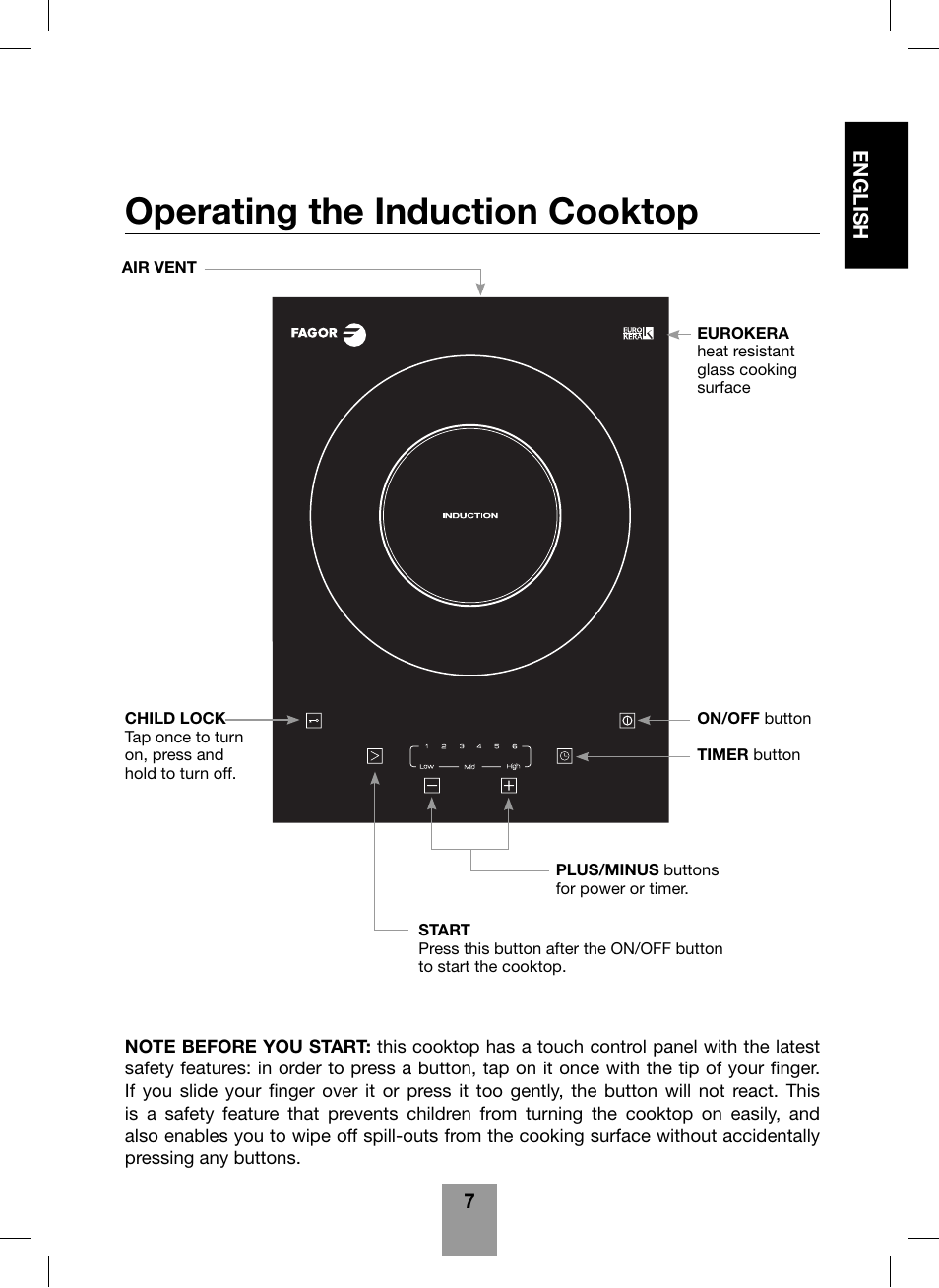 Operating the induction cooktop | Fagor America Portable Induction Cooktop User Manual | Page 9 / 32