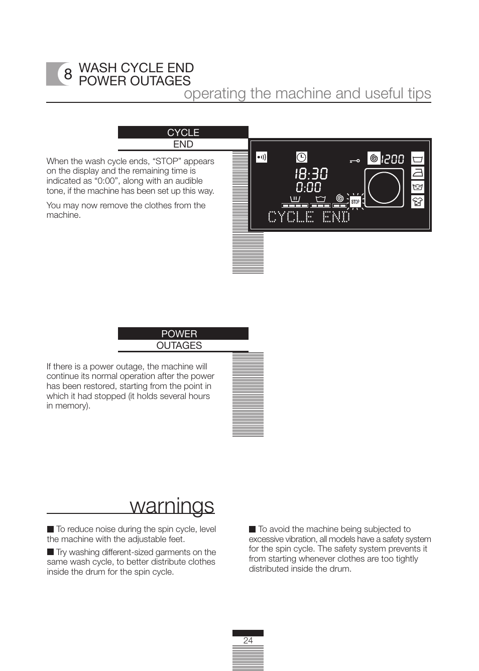 Warnings, Operating the machine and useful tips, Cycle end | Wash cycle end power outages | Fagor America FA-5812 X User Manual | Page 24 / 88