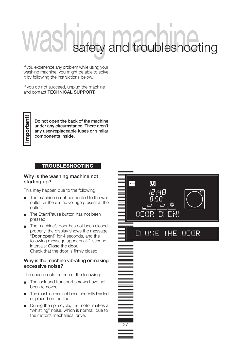 Washing machine, Safety and troubleshooting | Fagor America FA-5812 X User Manual | Page 27 / 88