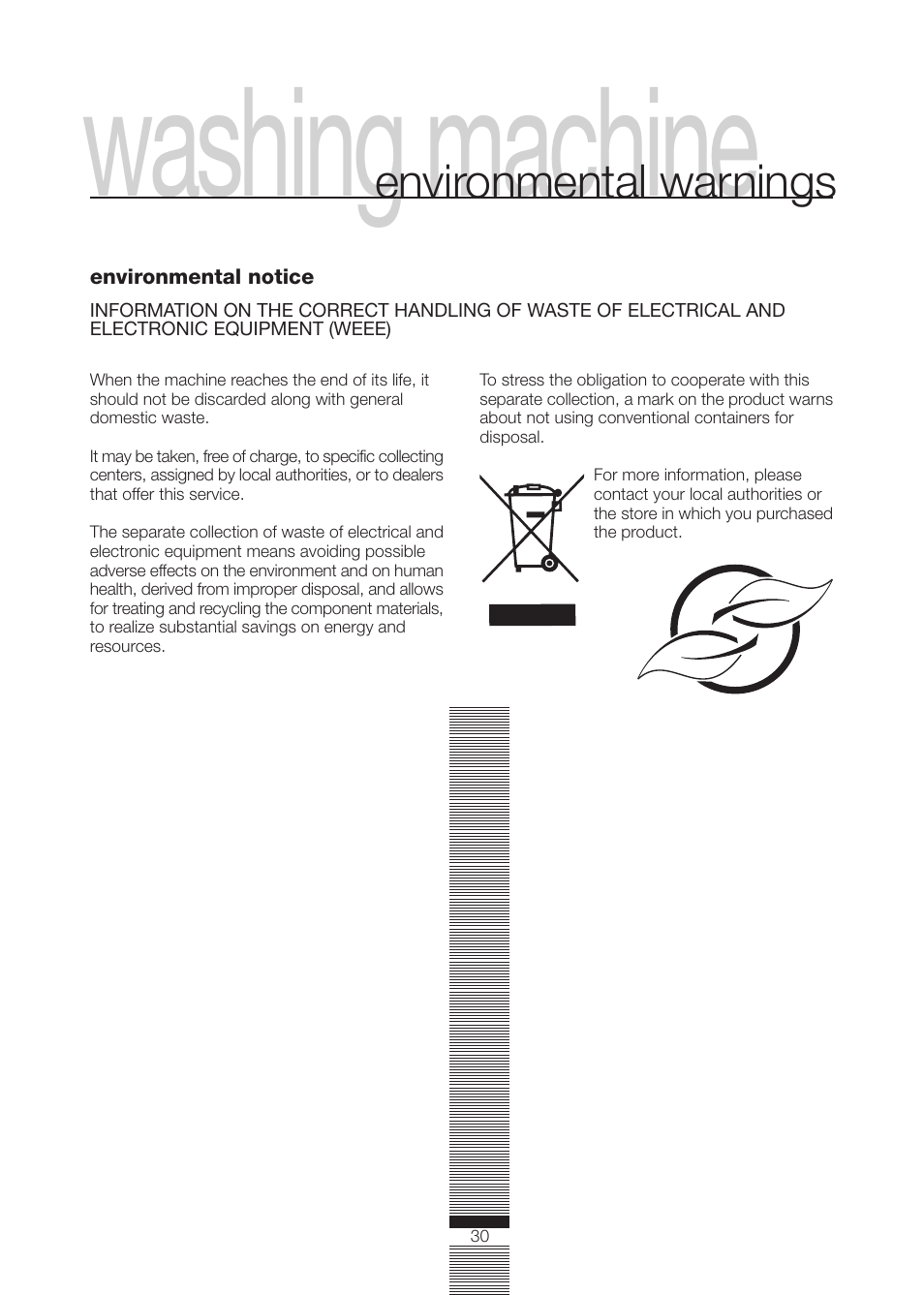 Washing machine, Environmental warnings | Fagor America FA-5812 X User Manual | Page 30 / 88