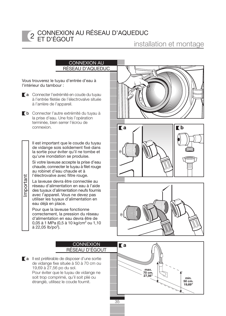 Installation et montage, Connexion au réseau d’aqueduc et d’égout, Important | Fagor America FA-5812 X User Manual | Page 35 / 88