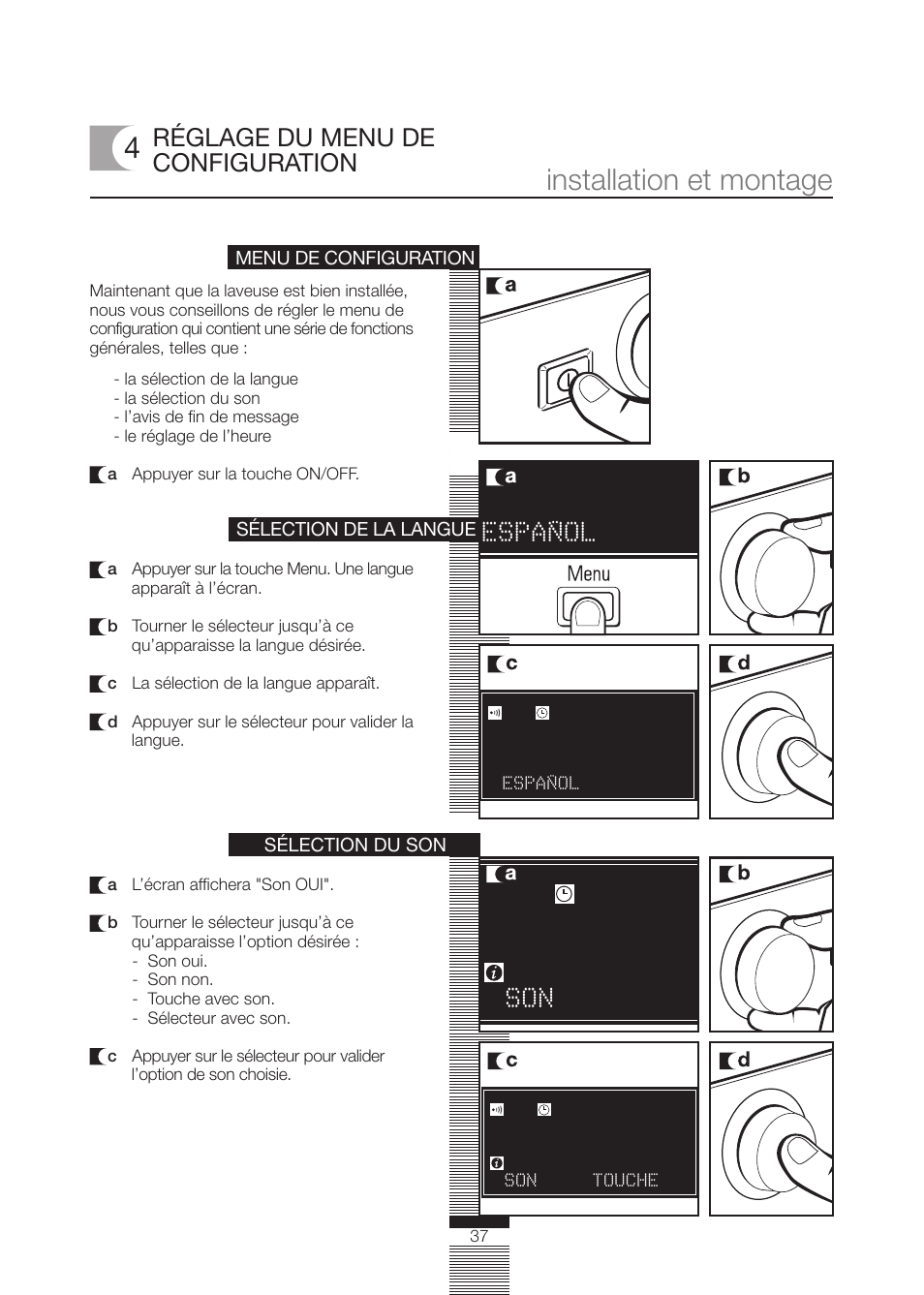 Installation et montage, Réglage du menu de configuration, Espanol son | Fagor America FA-5812 X User Manual | Page 37 / 88