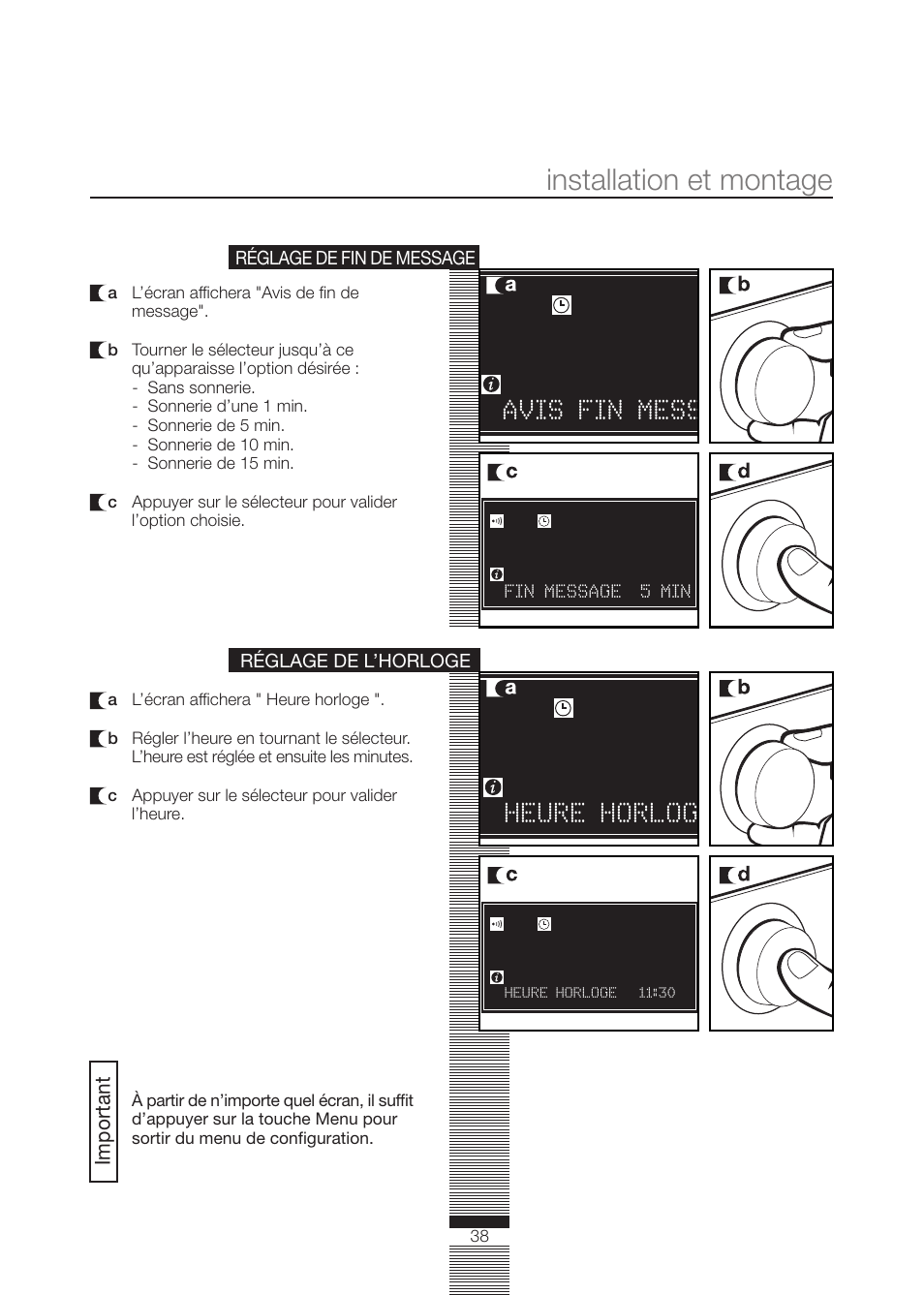 Installation et montage, Avis fin mess, Heure horlog | Fagor America FA-5812 X User Manual | Page 38 / 88