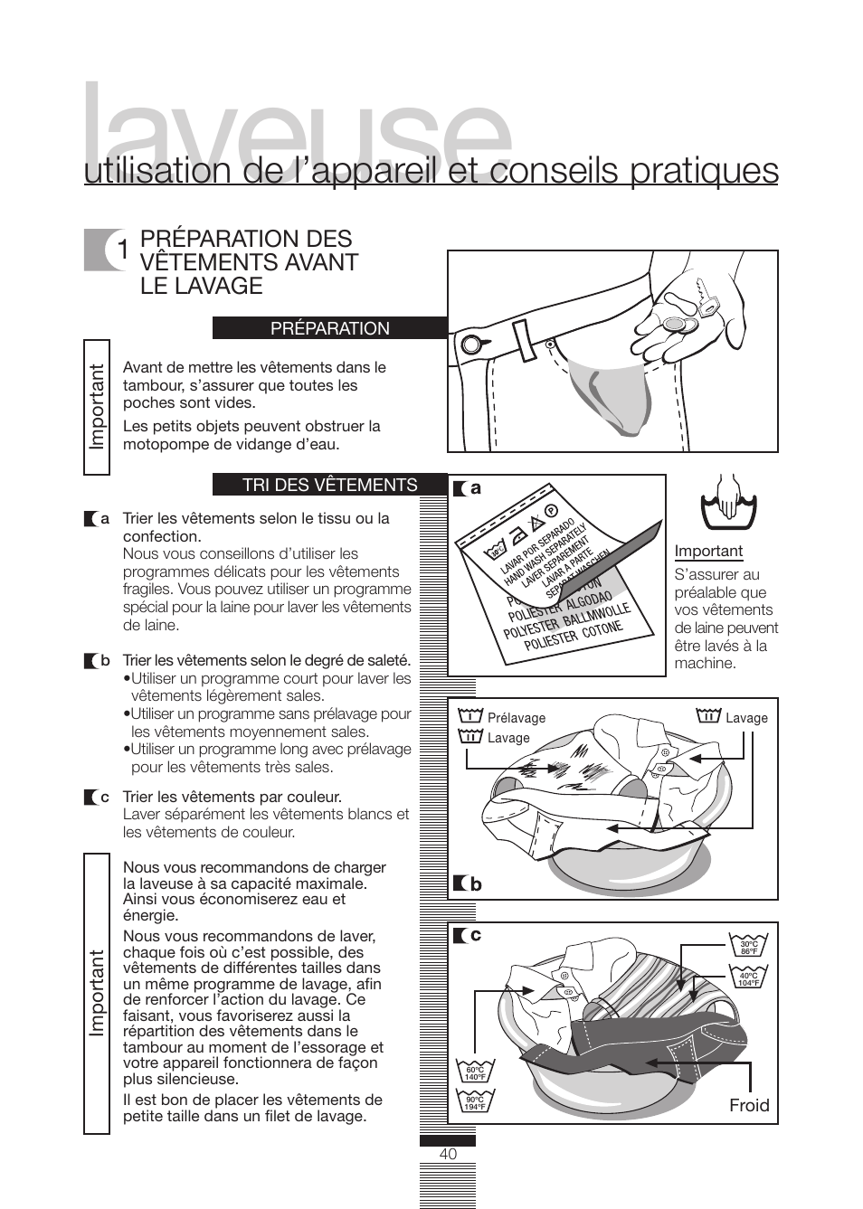 Laveuse, Utilisation de l’appareil et conseils pratiques, Préparation des vêtements avant le lavage | Fagor America FA-5812 X User Manual | Page 40 / 88