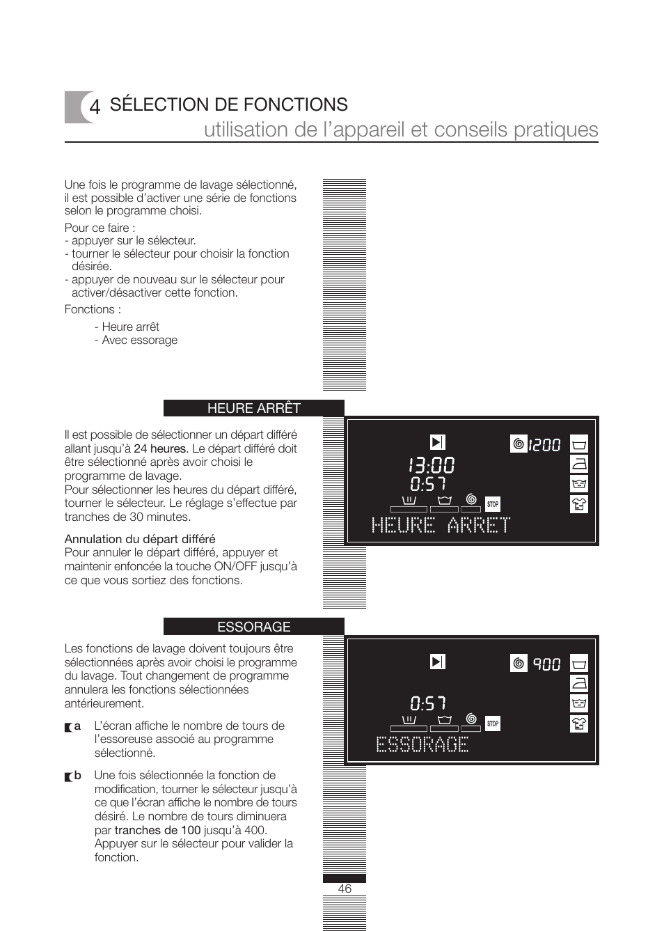 Utilisation de l’appareil et conseils pratiques, Heure arret essorage, Sélection de fonctions | Fagor America FA-5812 X User Manual | Page 46 / 88