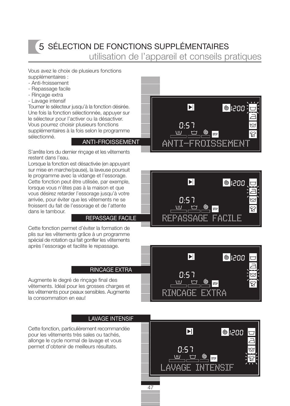 Utilisation de l’appareil et conseils pratiques, Sélection de fonctions supplémentaires | Fagor America FA-5812 X User Manual | Page 47 / 88