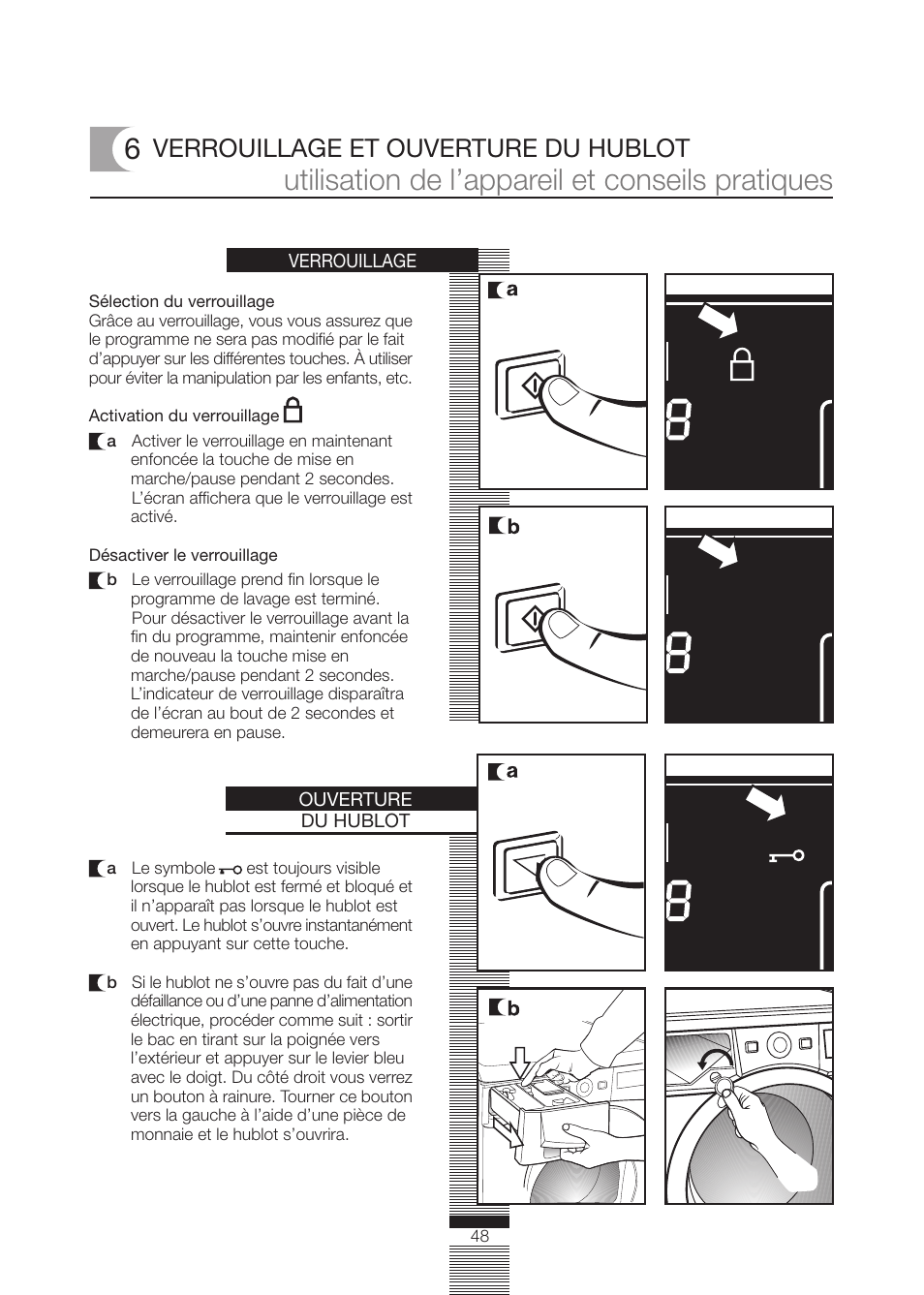 Utilisation de l’appareil et conseils pratiques, Verrouillage et ouverture du hublot | Fagor America FA-5812 X User Manual | Page 48 / 88