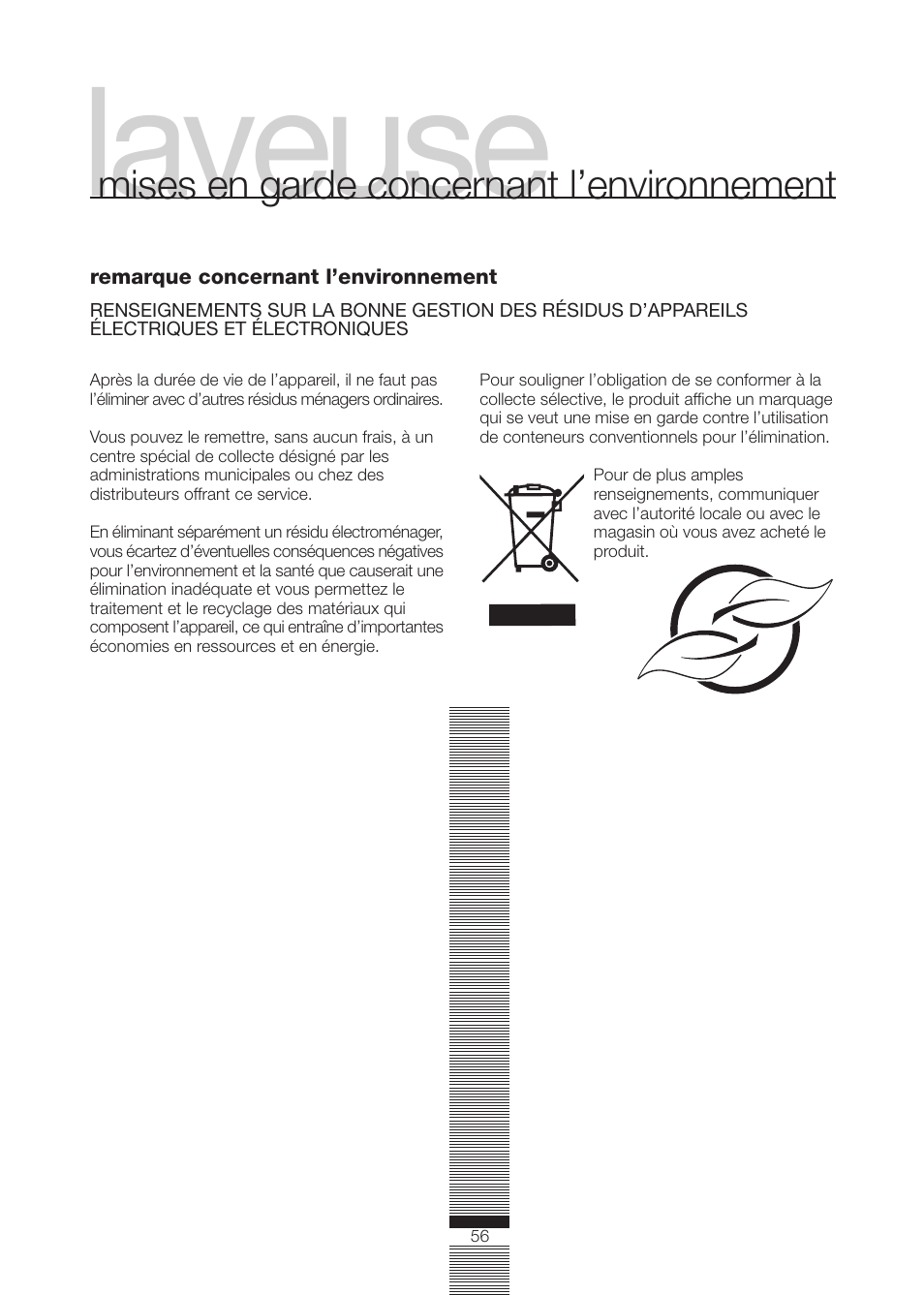 Laveuse, Mises en garde concernant l’environnement | Fagor America FA-5812 X User Manual | Page 56 / 88