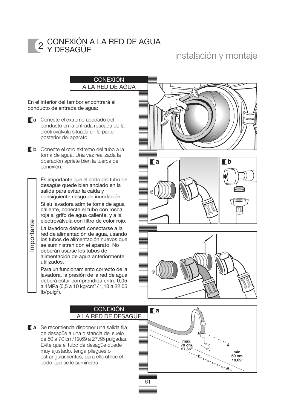 Instalación y montaje, Conexión a la red de agua y desagüe, Importante | Fagor America FA-5812 X User Manual | Page 61 / 88