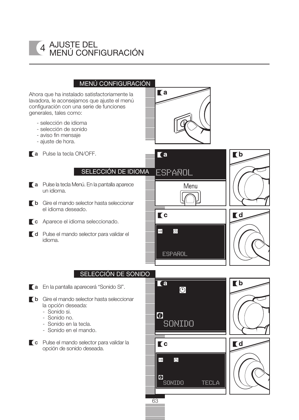 Ajuste del menú configuración, Espanol sonido | Fagor America FA-5812 X User Manual | Page 63 / 88