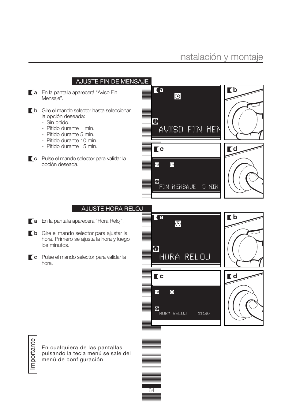 Instalación y montaje, Aviso fin men, Hora reloj | Fagor America FA-5812 X User Manual | Page 64 / 88