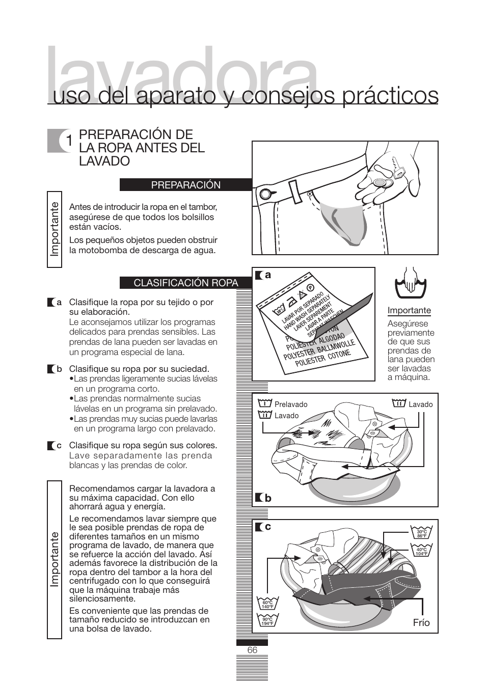 Lavadora, Uso del aparato y consejos prácticos, Preparación de la ropa antes del lavado | Fagor America FA-5812 X User Manual | Page 66 / 88