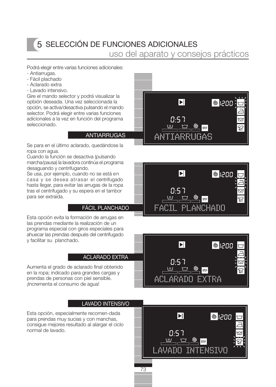 Uso del aparato y consejos prácticos, Selección de funciones adicionales | Fagor America FA-5812 X User Manual | Page 73 / 88