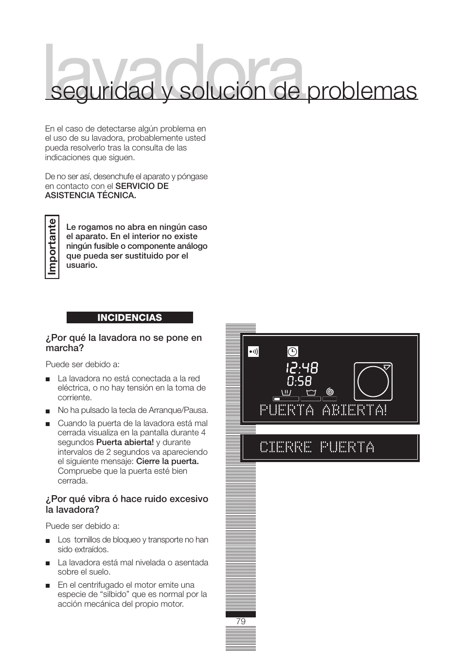 Lavadora, Seguridad y solución de problemas | Fagor America FA-5812 X User Manual | Page 79 / 88