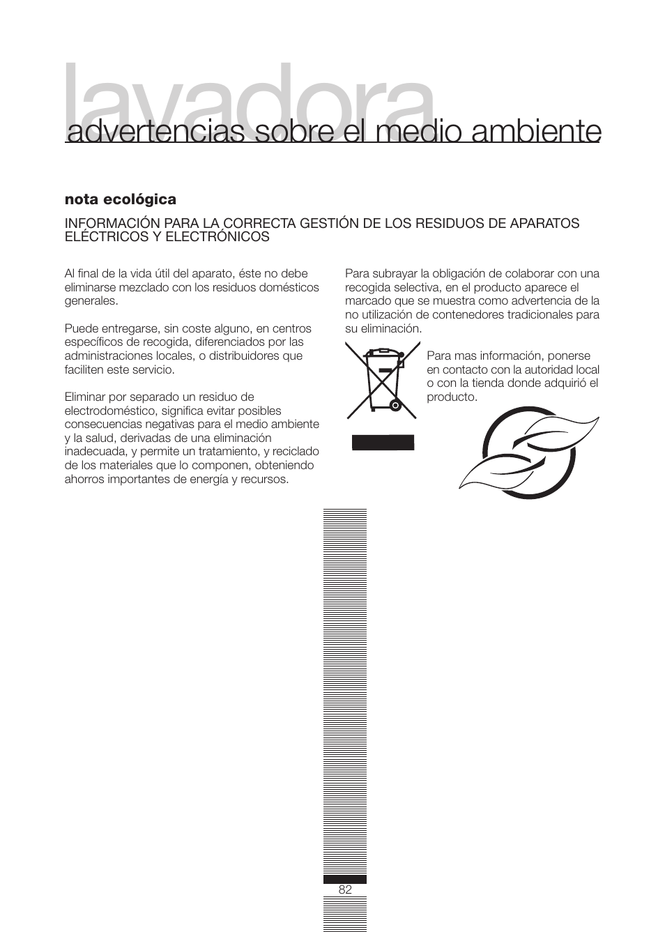 Lavadora, Advertencias sobre el medio ambiente | Fagor America FA-5812 X User Manual | Page 82 / 88