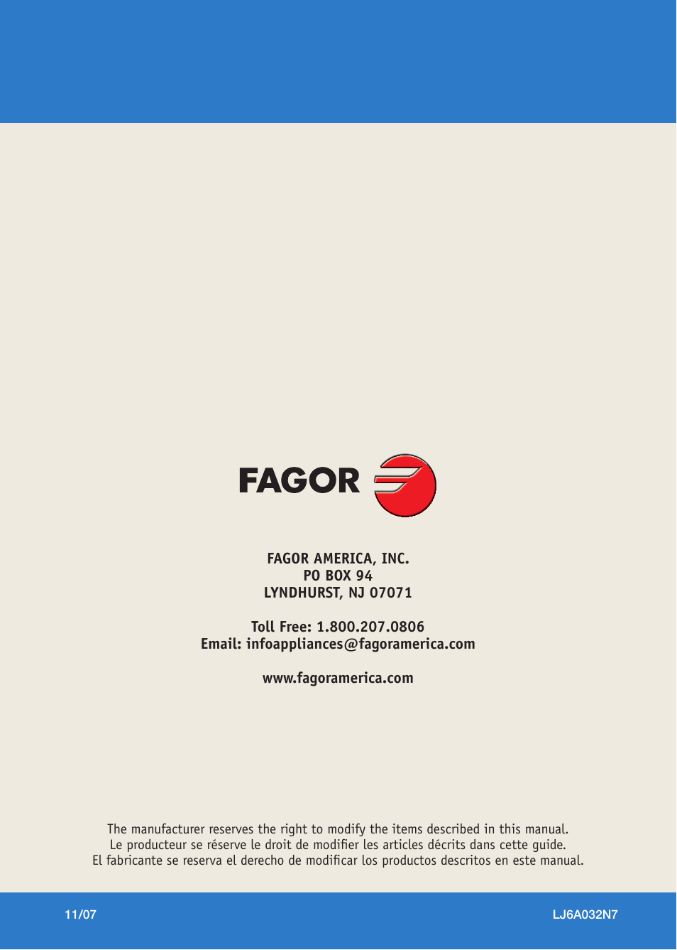 Fagor America FA-5812 X User Manual | Page 88 / 88