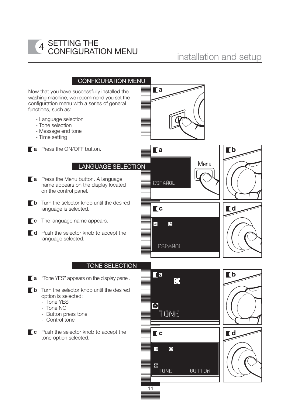 Installation and setup, Setting the configuration menu, Tone | Fagor America FA-4812X User Manual | Page 11 / 88