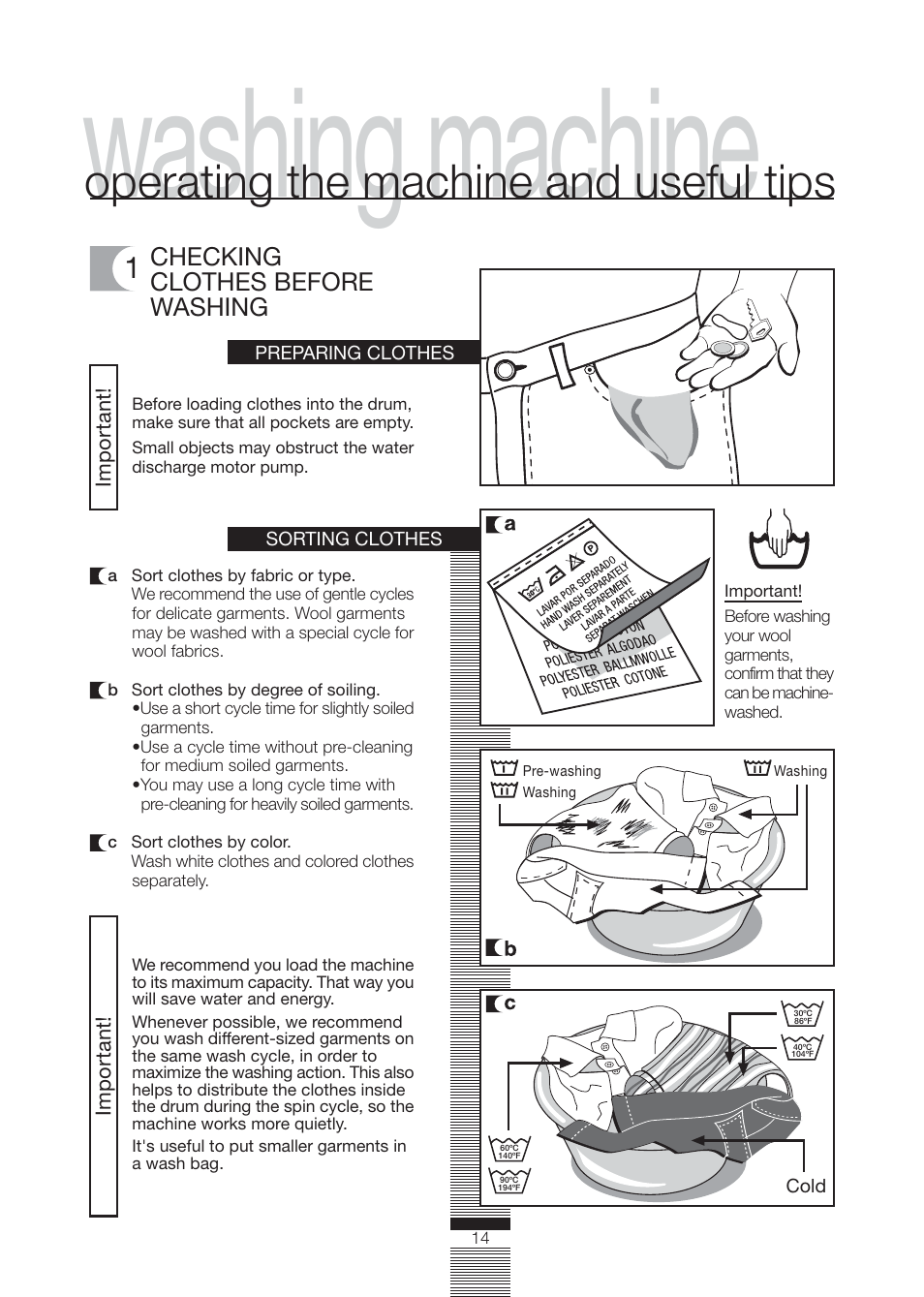 Washing machine, Operating the machine and useful tips, Checking clothes before washing | Fagor America FA-4812X User Manual | Page 14 / 88