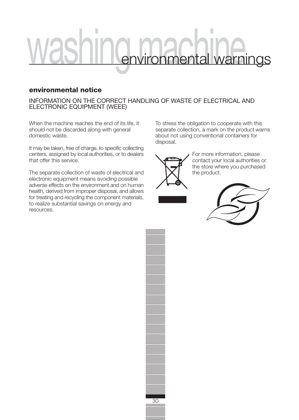 Washing machine, Environmental warnings | Fagor America FA-4812X User Manual | Page 30 / 88