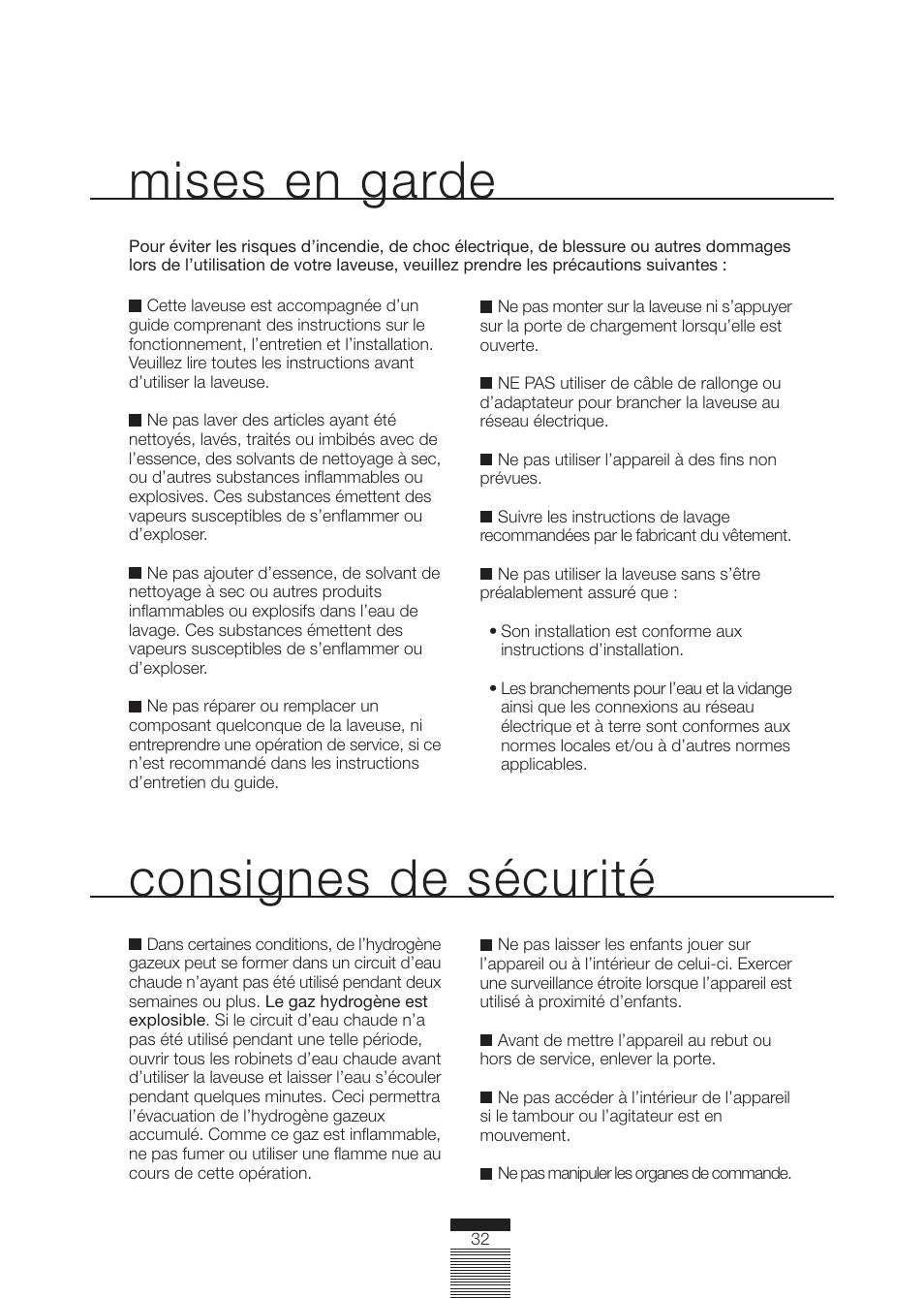 Consignes de sécurité, Mises en garde | Fagor America FA-4812X User Manual | Page 32 / 88