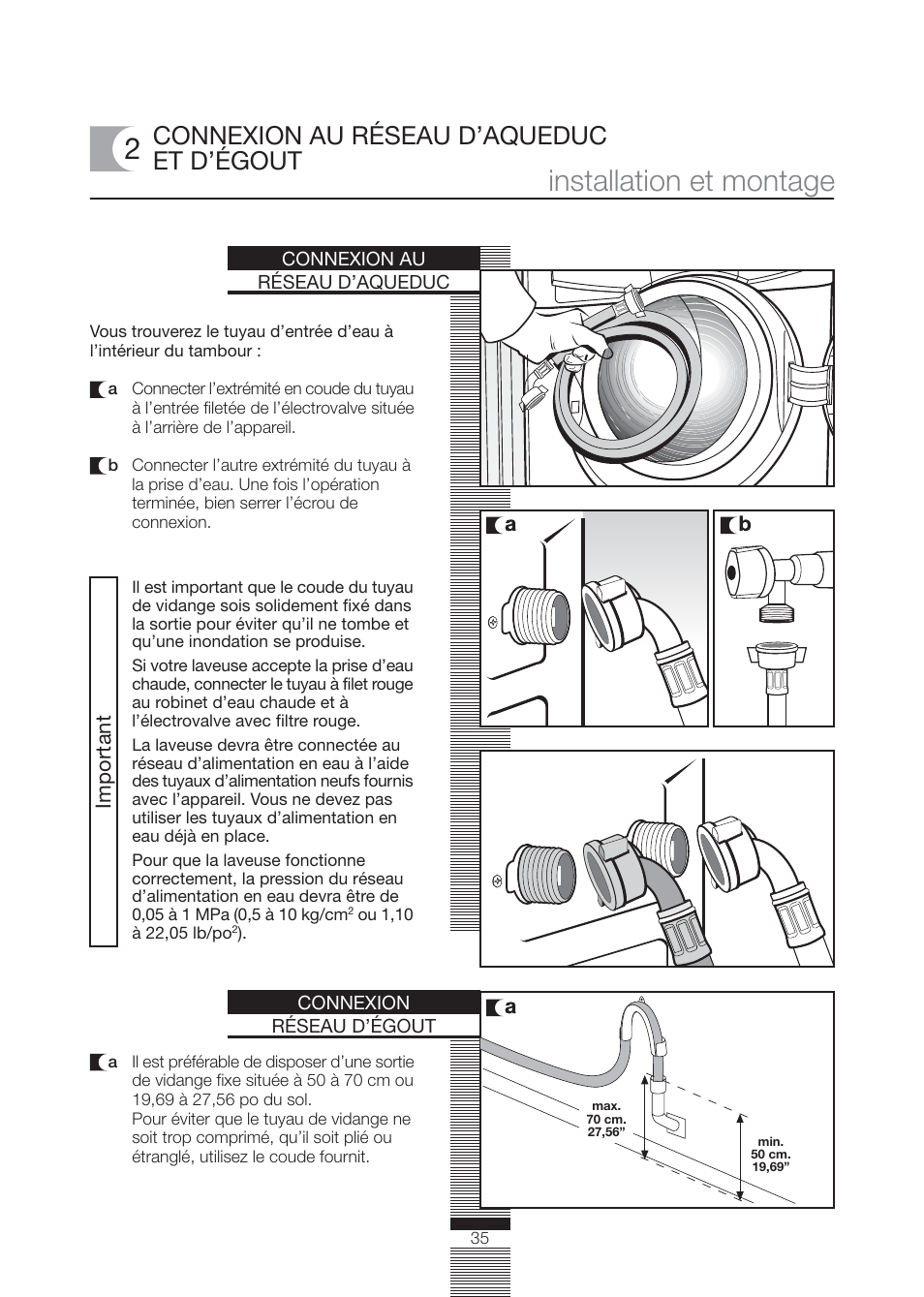 Installation et montage, Connexion au réseau d’aqueduc et d’égout, Important | Fagor America FA-4812X User Manual | Page 35 / 88