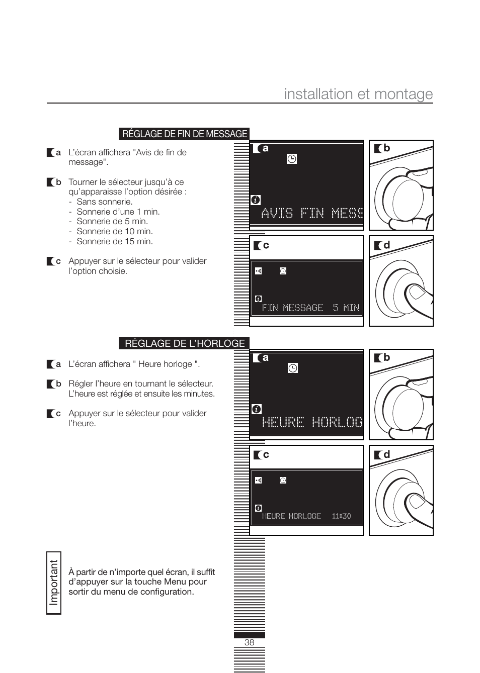Installation et montage, Avis fin mess, Heure horlog | Fagor America FA-4812X User Manual | Page 38 / 88