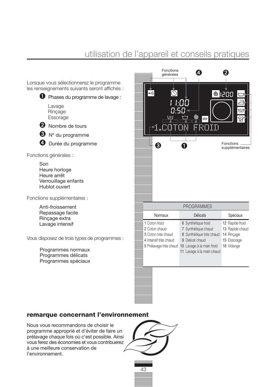 Utilisation de l’appareil et conseils pratiques, Coton froid | Fagor America FA-4812X User Manual | Page 43 / 88