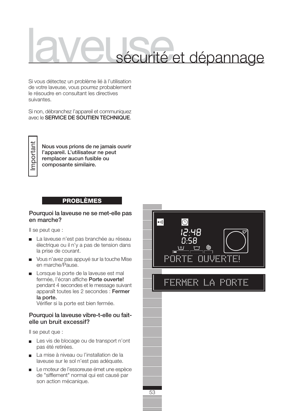 Laveuse, Sécurité et dépannage | Fagor America FA-4812X User Manual | Page 53 / 88