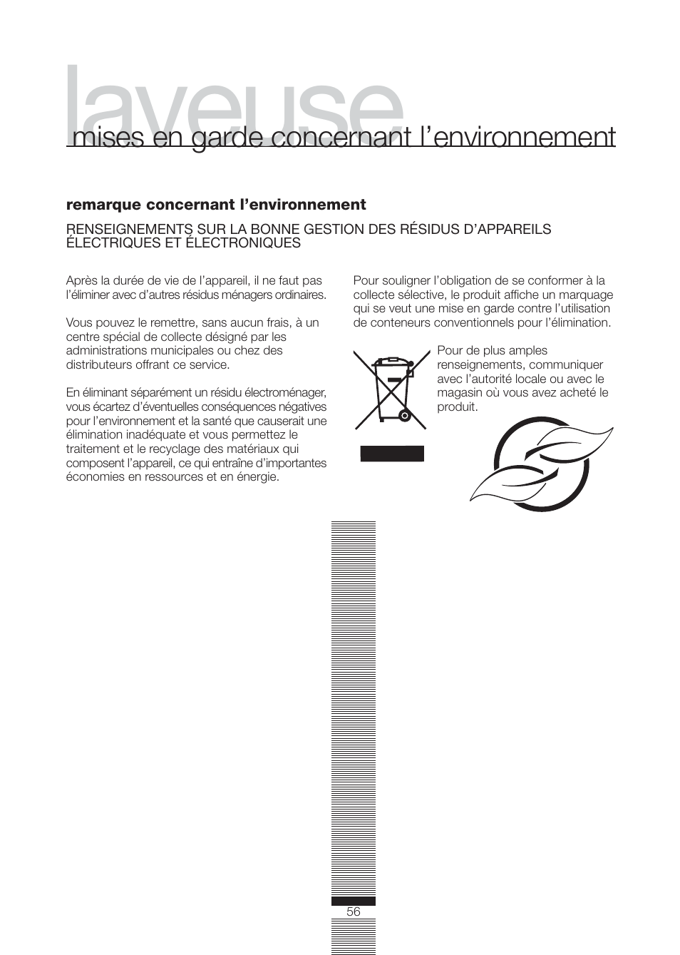 Laveuse, Mises en garde concernant l’environnement | Fagor America FA-4812X User Manual | Page 56 / 88
