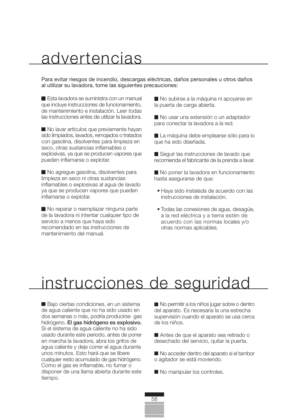 Instrucciones de seguridad, Advertencias | Fagor America FA-4812X User Manual | Page 58 / 88