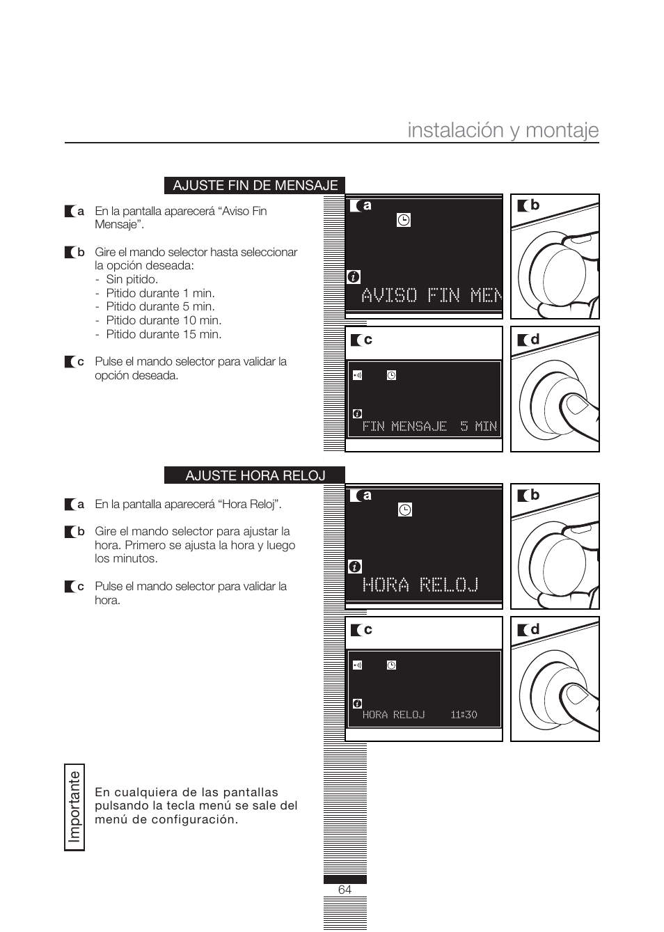 Instalación y montaje, Aviso fin men, Hora reloj | Fagor America FA-4812X User Manual | Page 64 / 88