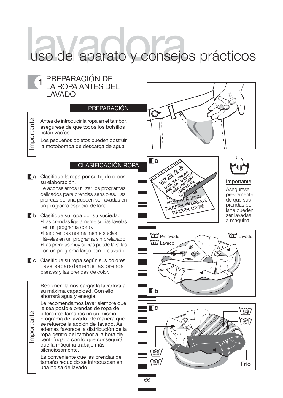 Lavadora, Uso del aparato y consejos prácticos, Preparación de la ropa antes del lavado | Fagor America FA-4812X User Manual | Page 66 / 88