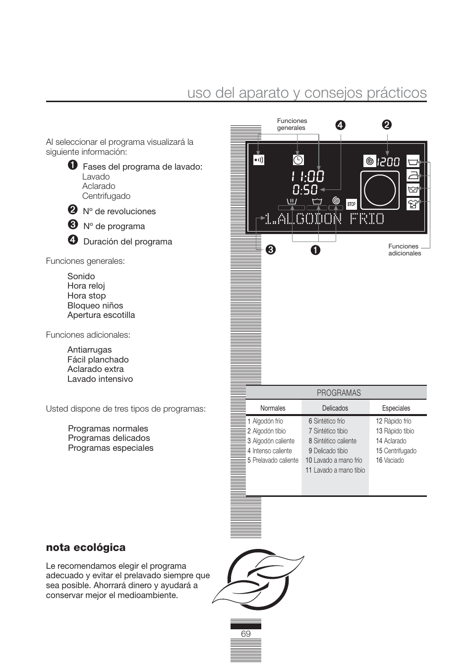 Uso del aparato y consejos prácticos, Algodon frio | Fagor America FA-4812X User Manual | Page 69 / 88