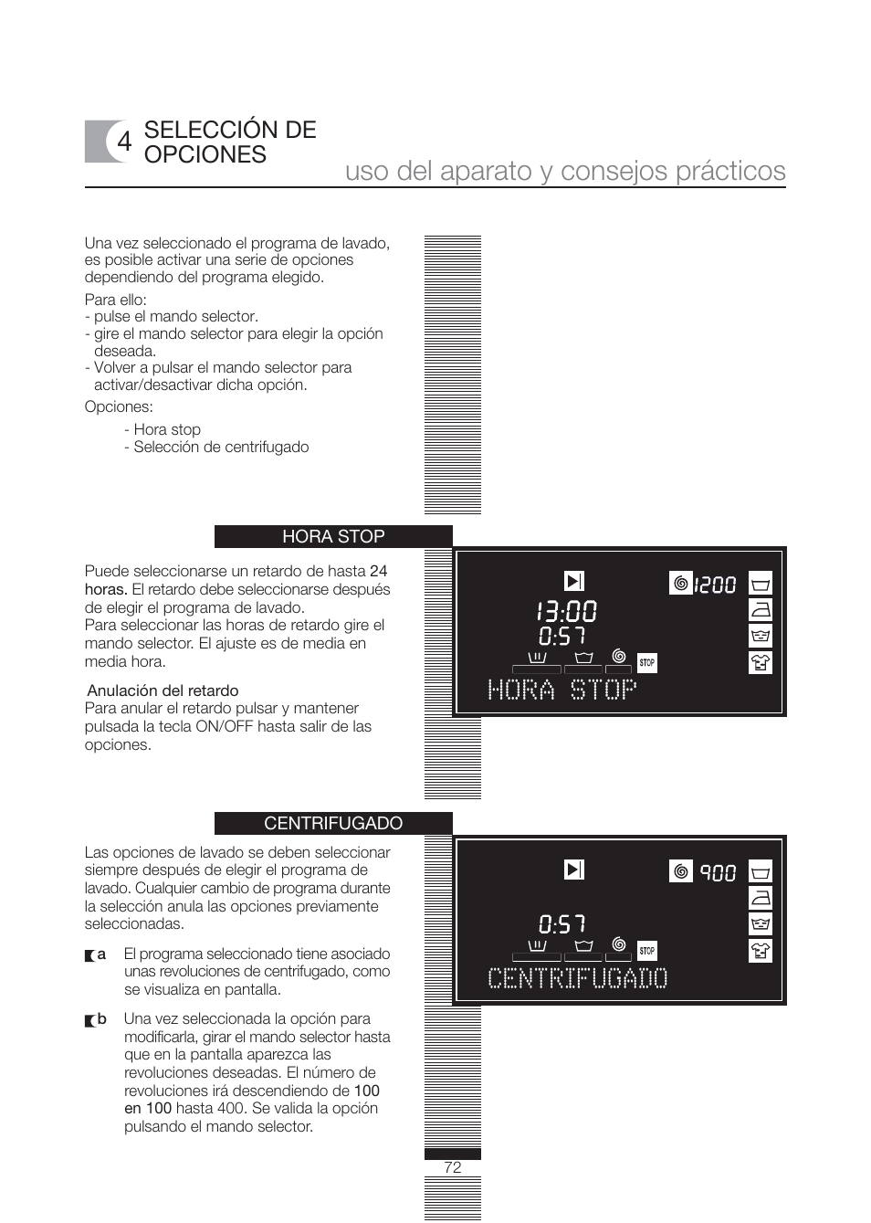 Uso del aparato y consejos prácticos, Hora stop centrifugado, Selección de opciones | Fagor America FA-4812X User Manual | Page 72 / 88