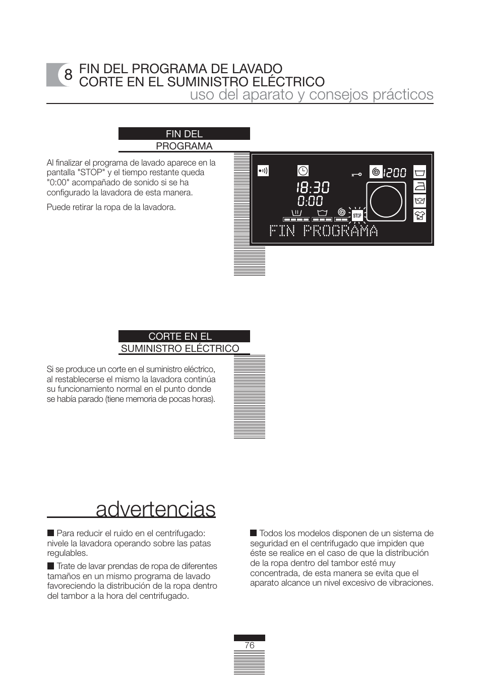 Advertencias, Uso del aparato y consejos prácticos, Fin programa | Fagor America FA-4812X User Manual | Page 76 / 88
