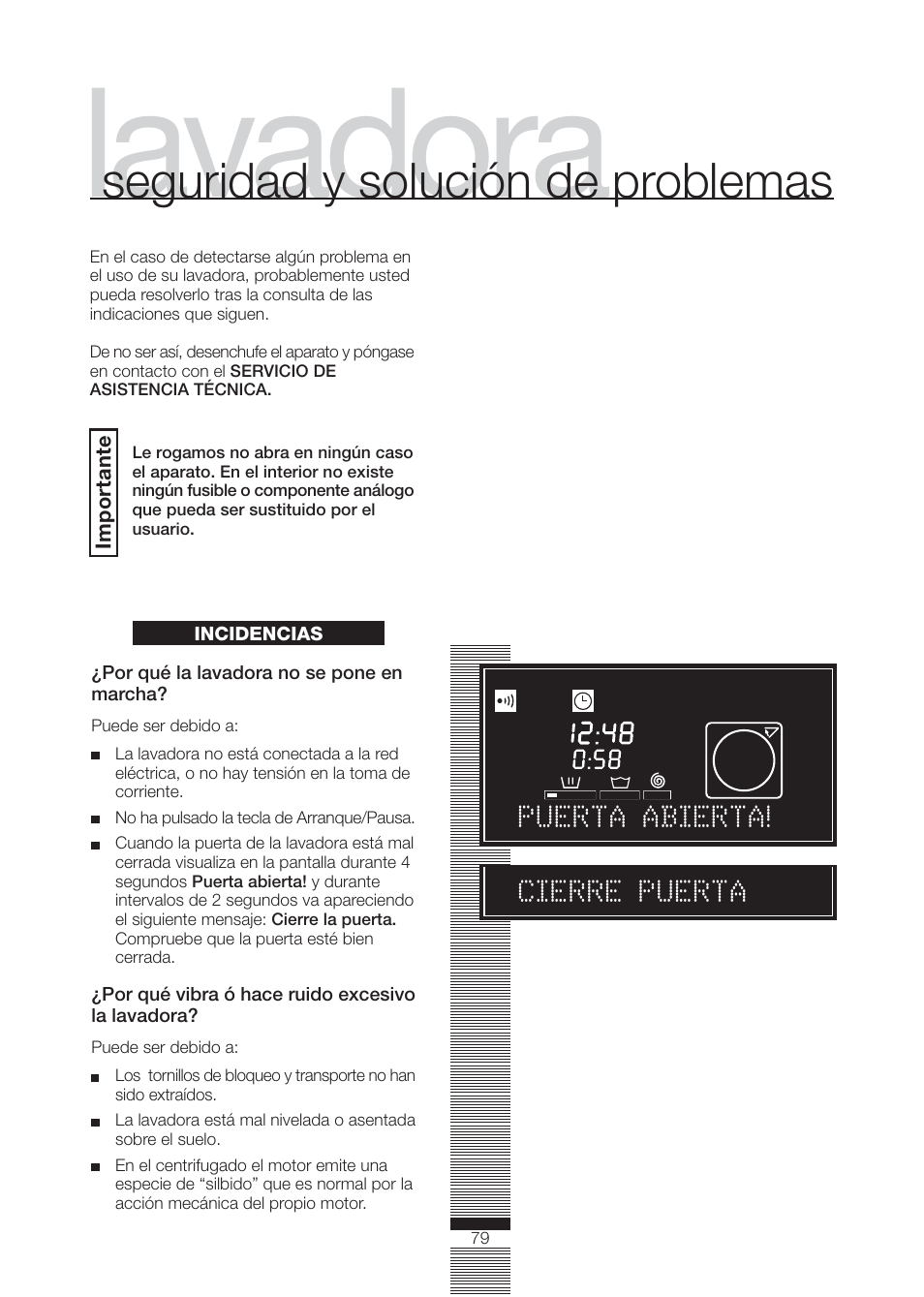 Lavadora, Seguridad y solución de problemas | Fagor America FA-4812X User Manual | Page 79 / 88